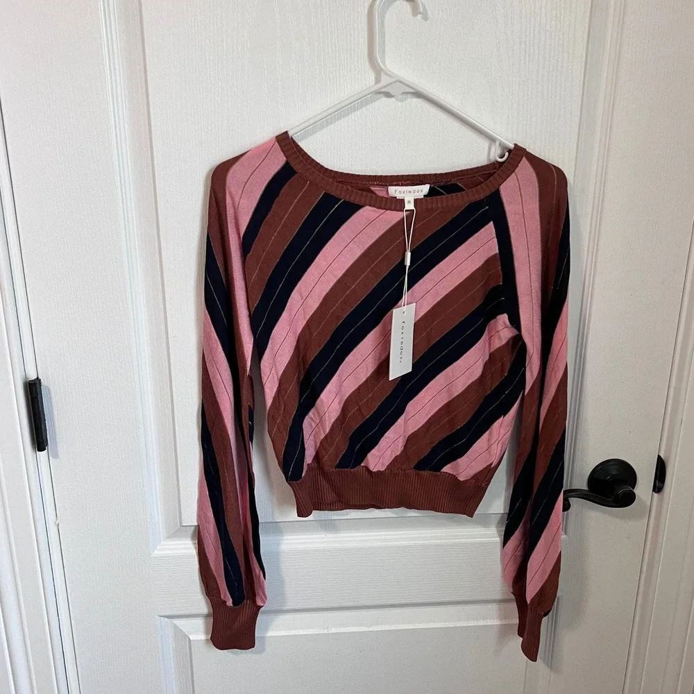 Foxiedox Womens Pink Brown Striped Metallic Lurex Knit Cropped‎ Sweater Size M